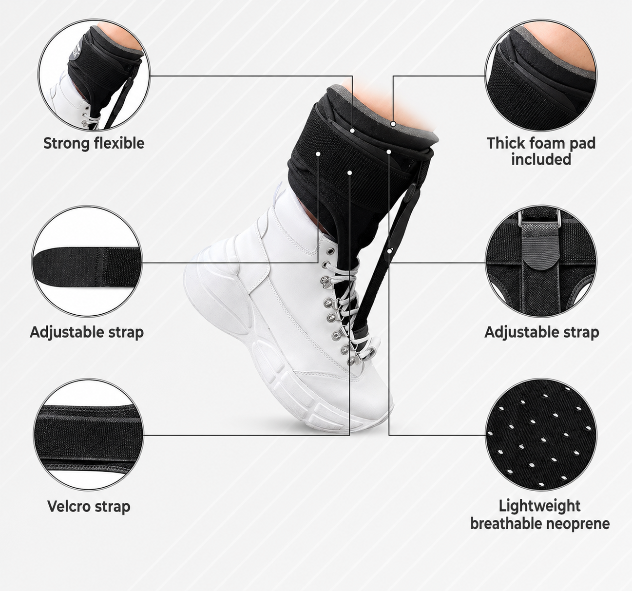 ShoeBrace features diagram — strong flexible, adjustable strap, velcro, breathable neoprene