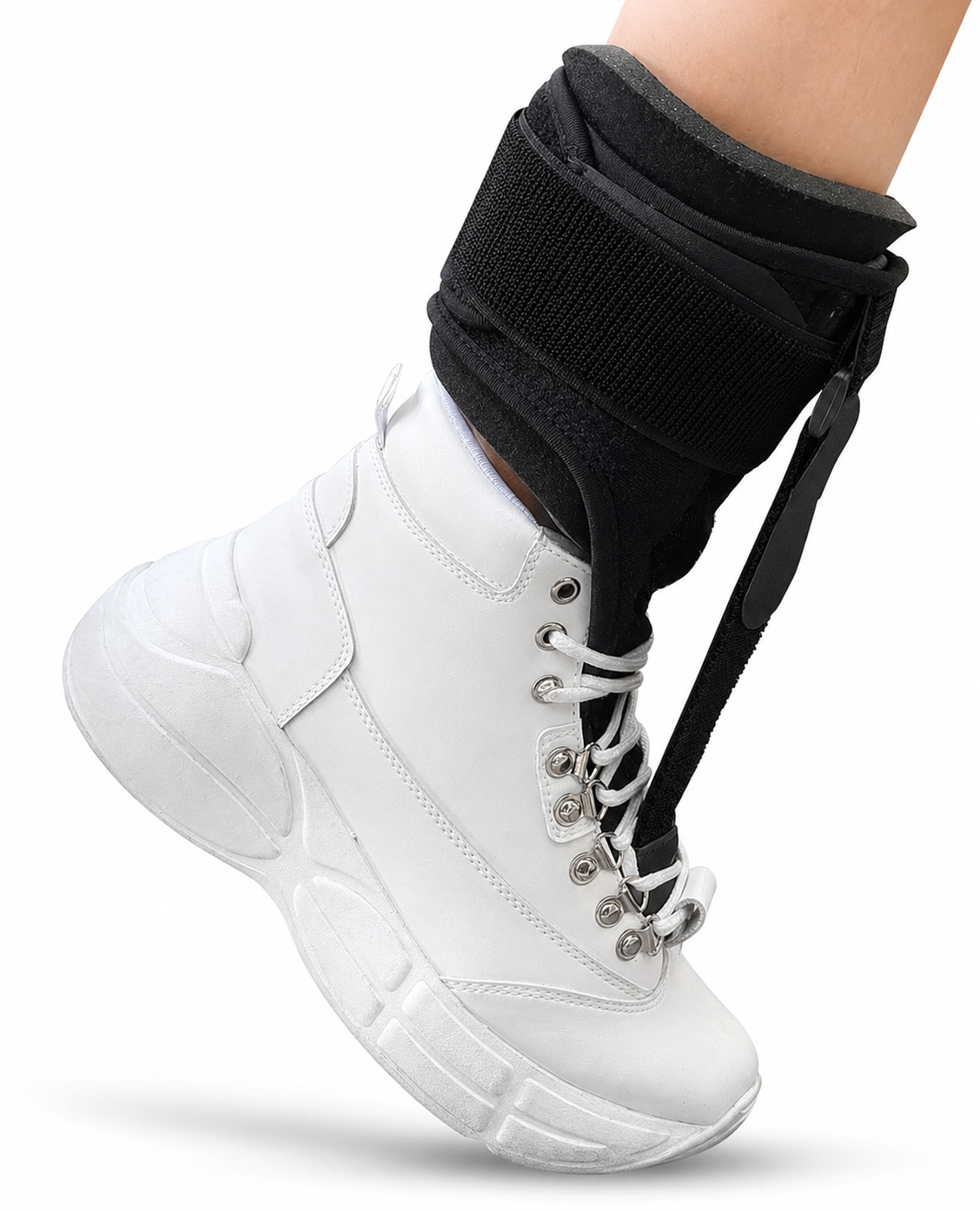 ShoeBrace foot drop brace fitted on a white sneaker — side view